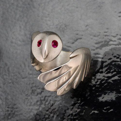 Owl Ring Sterling Silver with Gemstone Eyes 