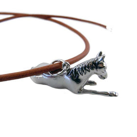 Resting Sun Horse Pendant Necklace Sterling Silver on Leather Cord