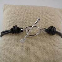 Sterling Silver Stirrup and Crop Toggle on Leather Bracelet - Jamies Horse Jewelry