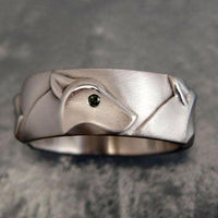 Wolf Head Band Ring with Diamond Eyes - Jamies Horse Jewelry