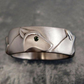Wolf Head Band Ring with Diamond Eyes