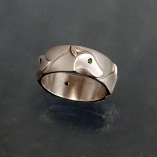 Wolf Head Band Ring with Diamond Eyes - Jamies Horse Jewelry
