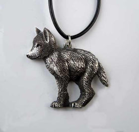 Gray Wolf Puppy Pendant Necklace in Pewter