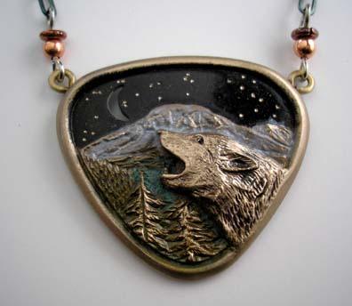 Wolf Howling at Moon Necklace in Bronze